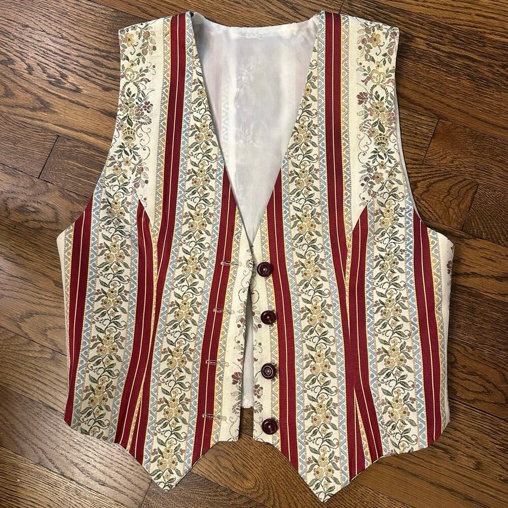 Vintage French Jacquard Vest M/L Striped Floral Button 80s